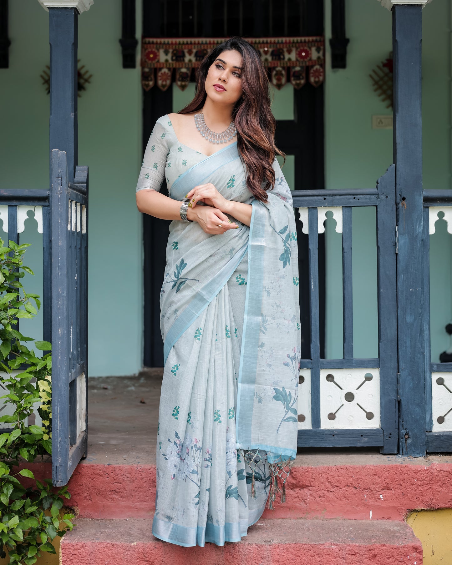 Elegant Light Slate Blue Floral Print Linen Cotton Saree