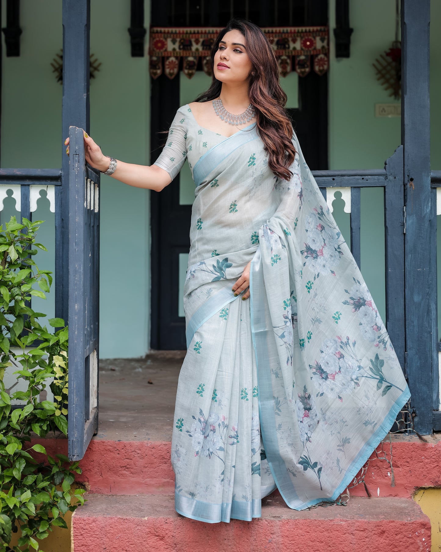 Elegant Light Slate Blue Floral Print Linen Cotton Saree