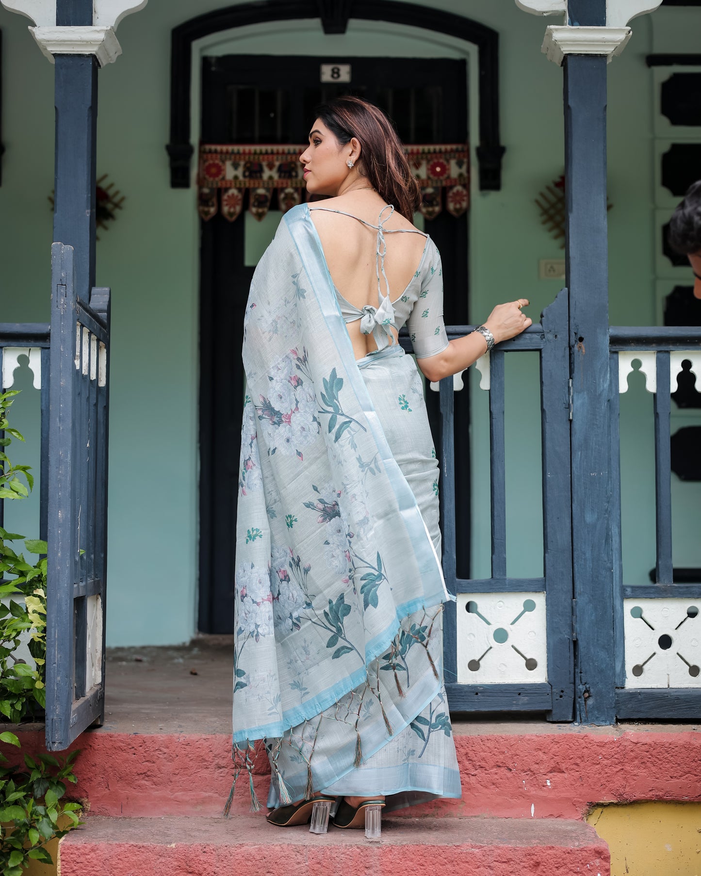Elegant Light Slate Blue Floral Print Linen Cotton Saree