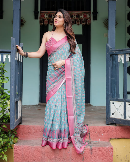 Vibrant Aqua and Pink Block Print Linen Cotton Saree