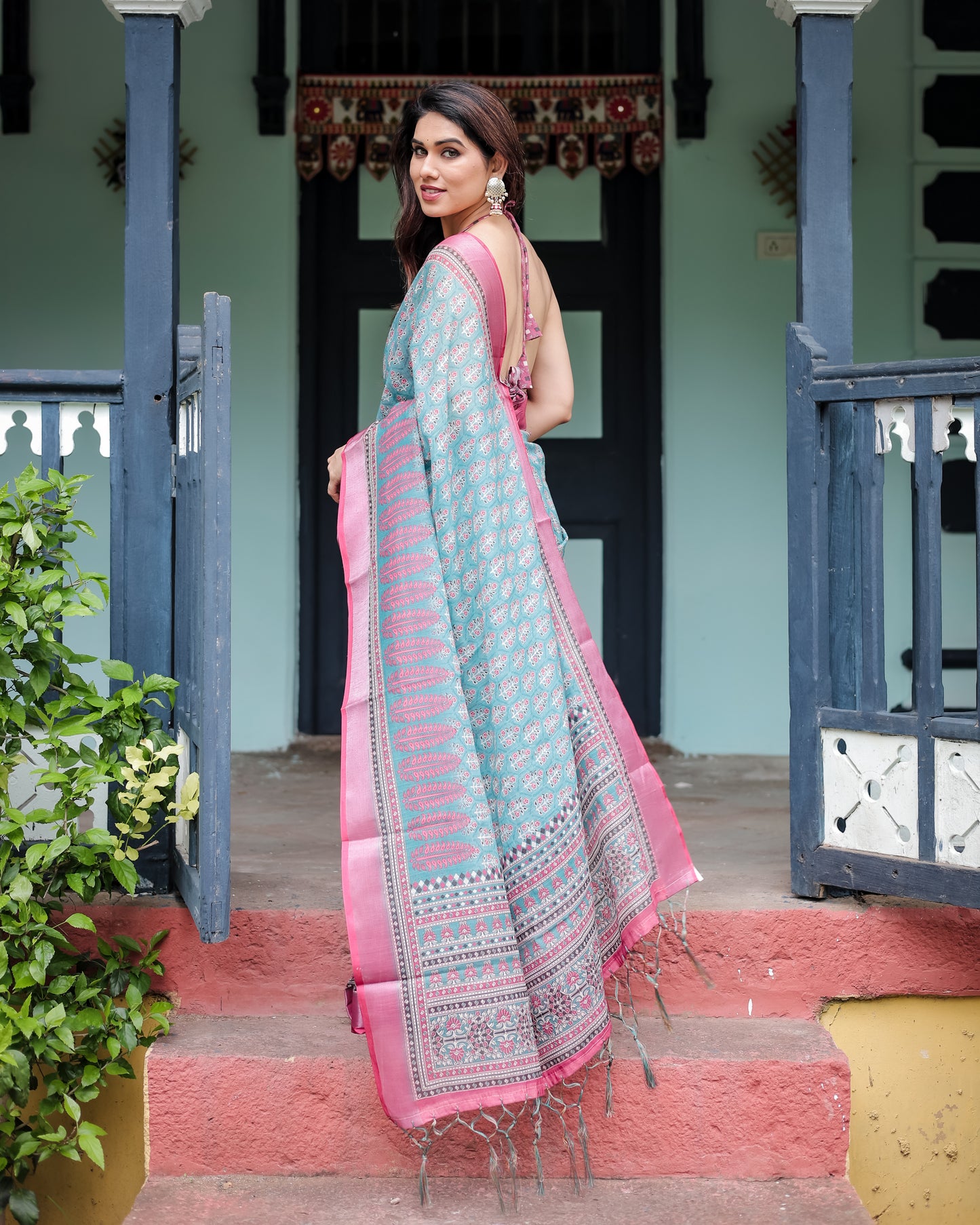 Vibrant Aqua and Pink Block Print Linen Cotton Saree