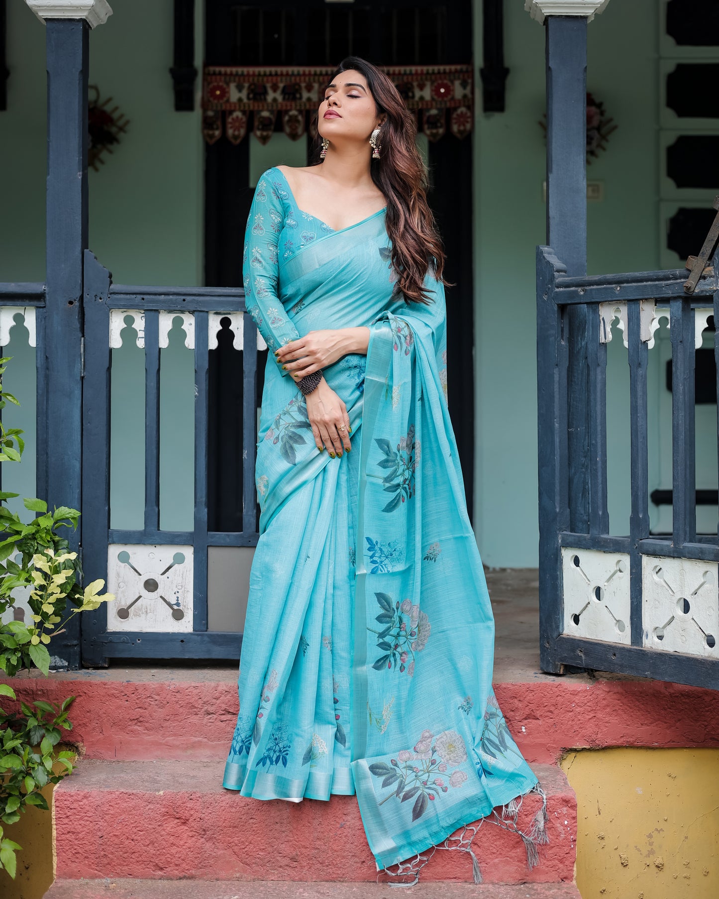 Vibrant Aqua Blue Floral Print Linen Cotton Saree