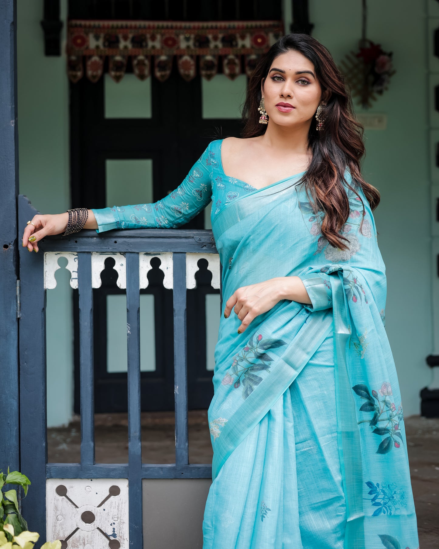 Vibrant Aqua Blue Floral Print Linen Cotton Saree