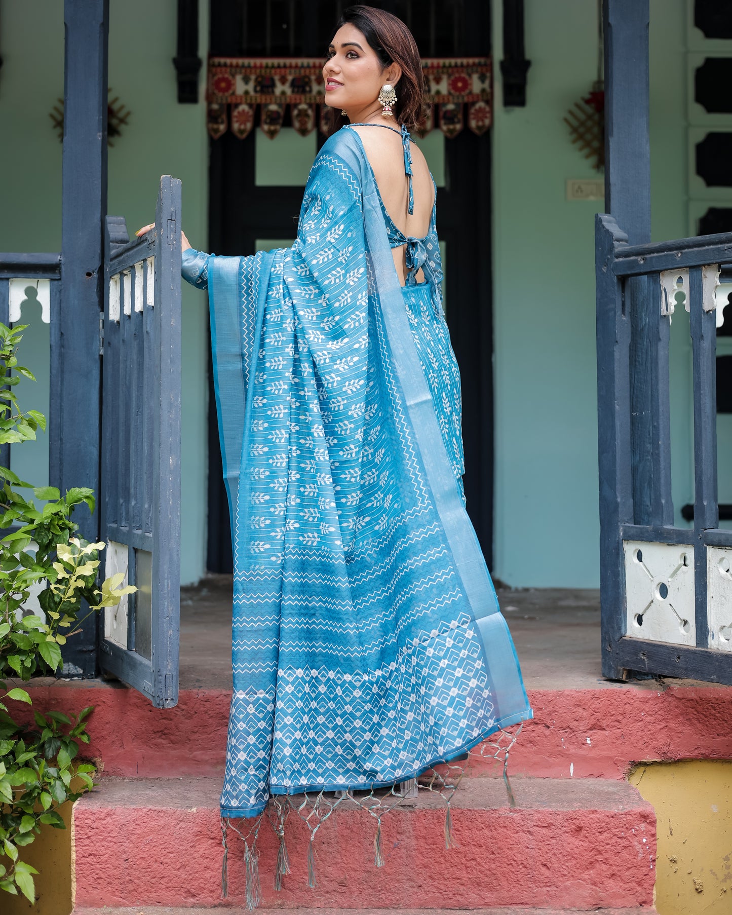 Azure Ikat Grace Linen Cotton Saree