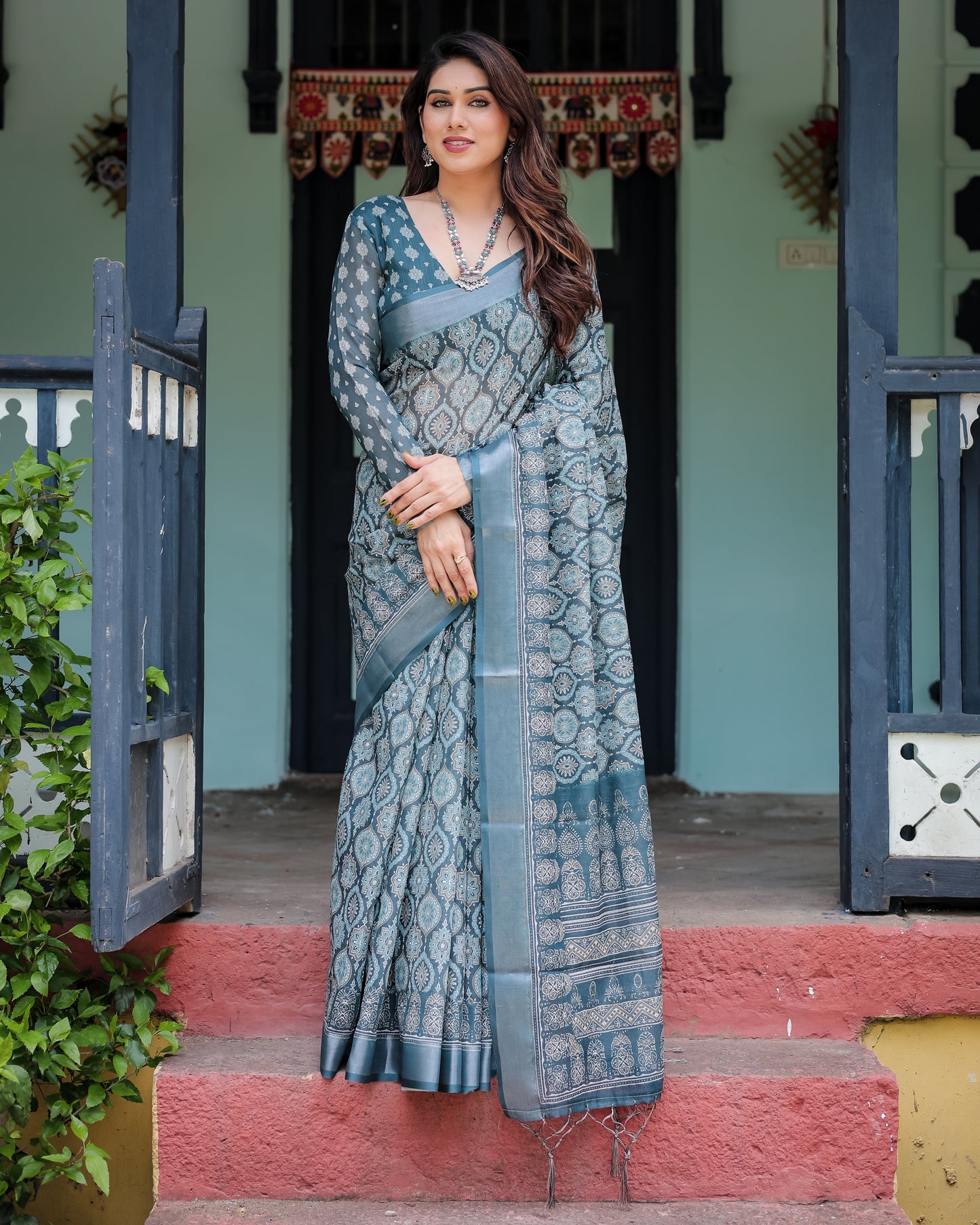 Deep Teal Woven Linen Cotton Saree