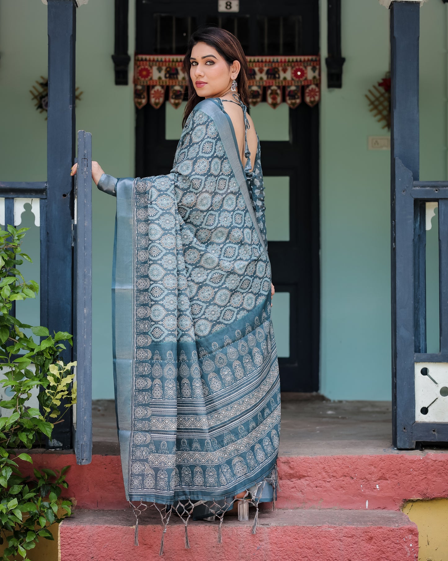 Deep Teal Woven Linen Cotton Saree