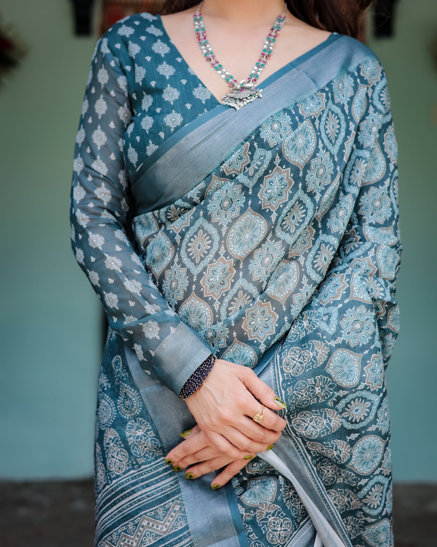 Deep Teal Woven Linen Cotton Saree