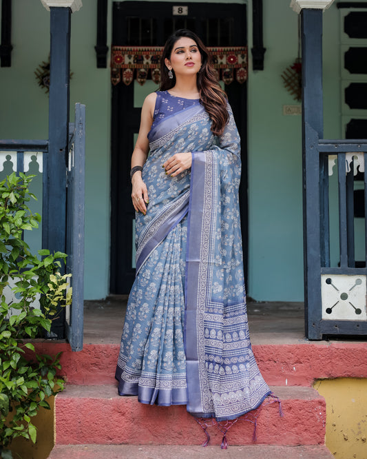 Elegant Blue Linen Cotton Printed Saree with Designer Border