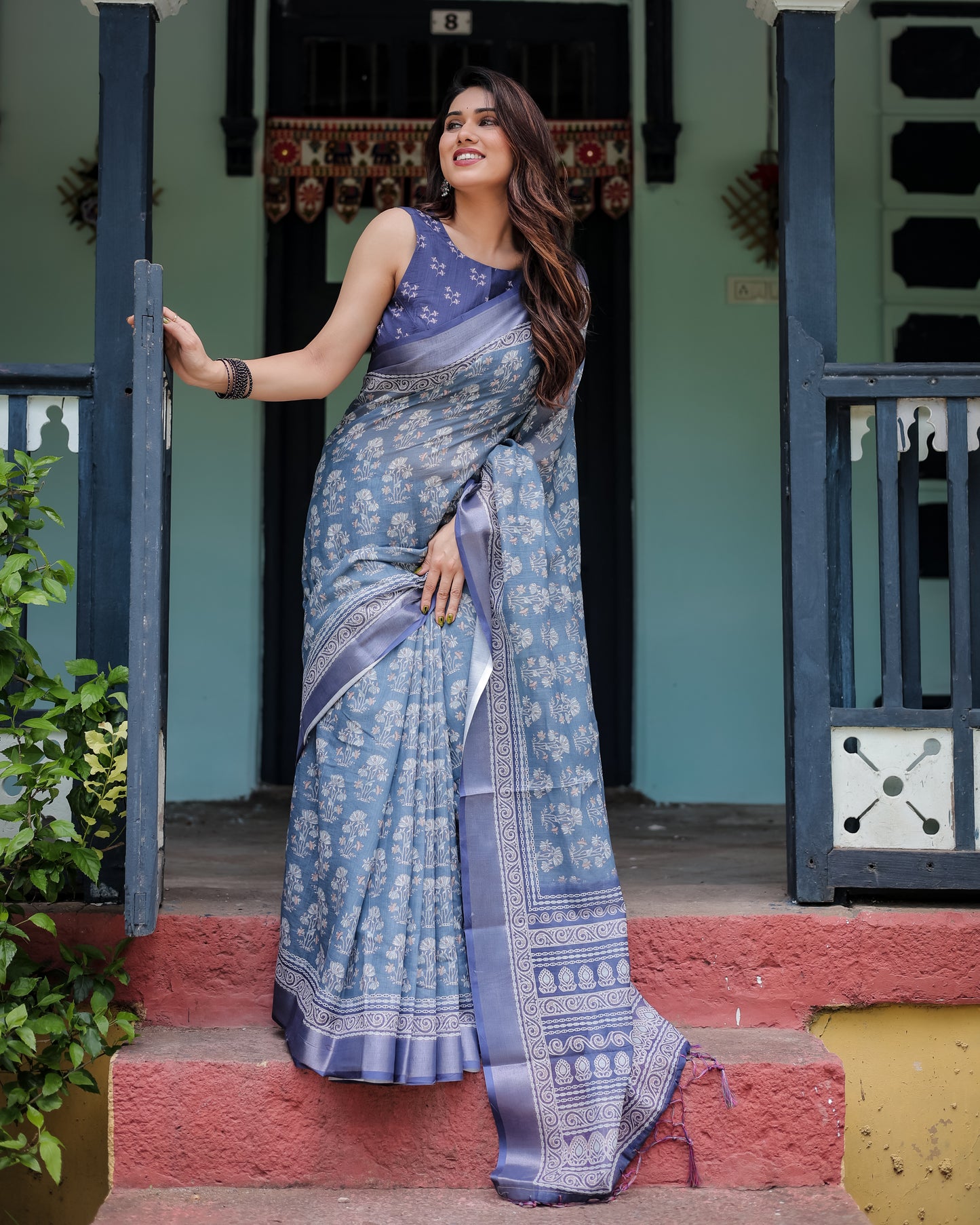 Elegant Blue Linen Cotton Printed Saree with Designer Border