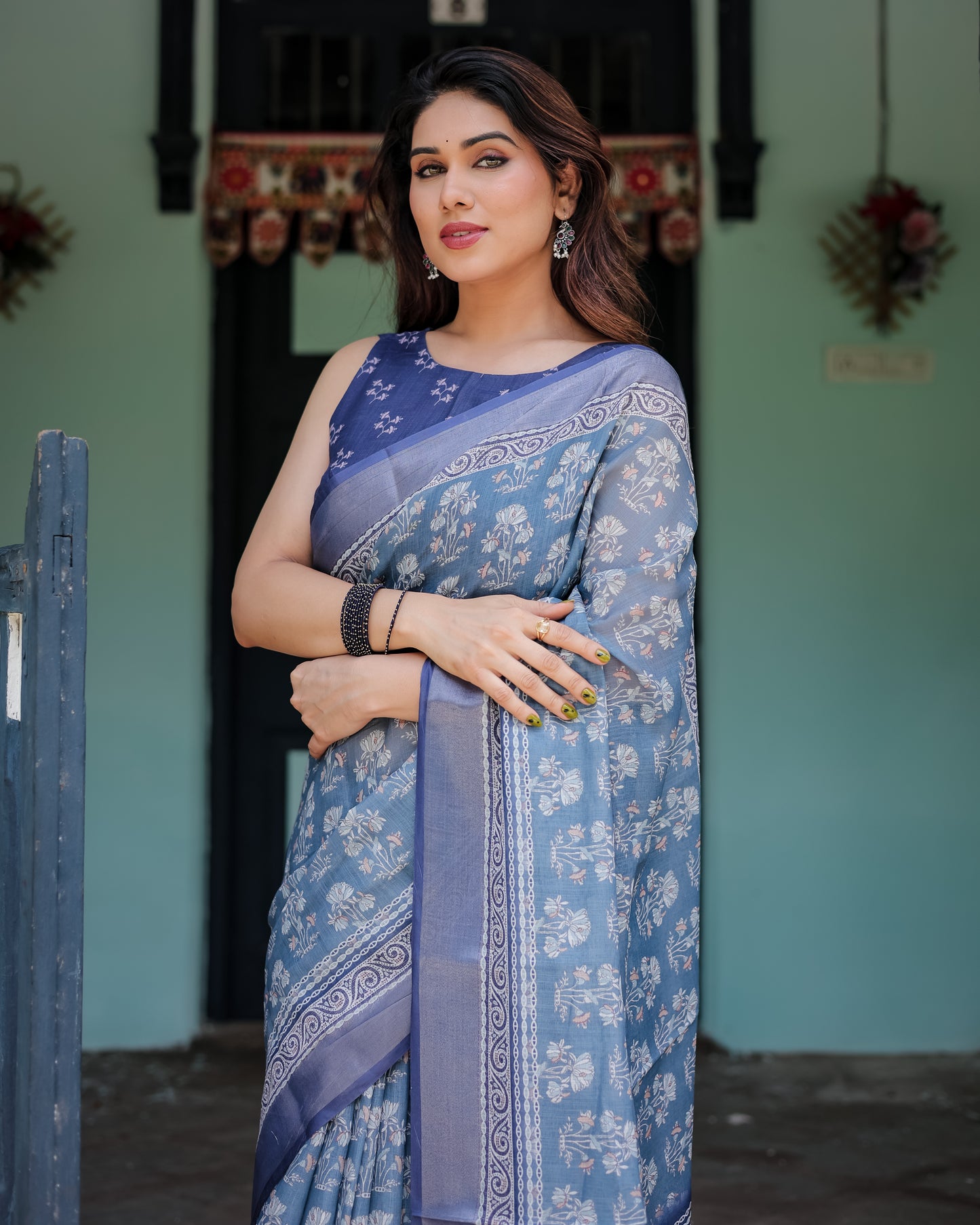 Elegant Blue Linen Cotton Printed Saree with Designer Border
