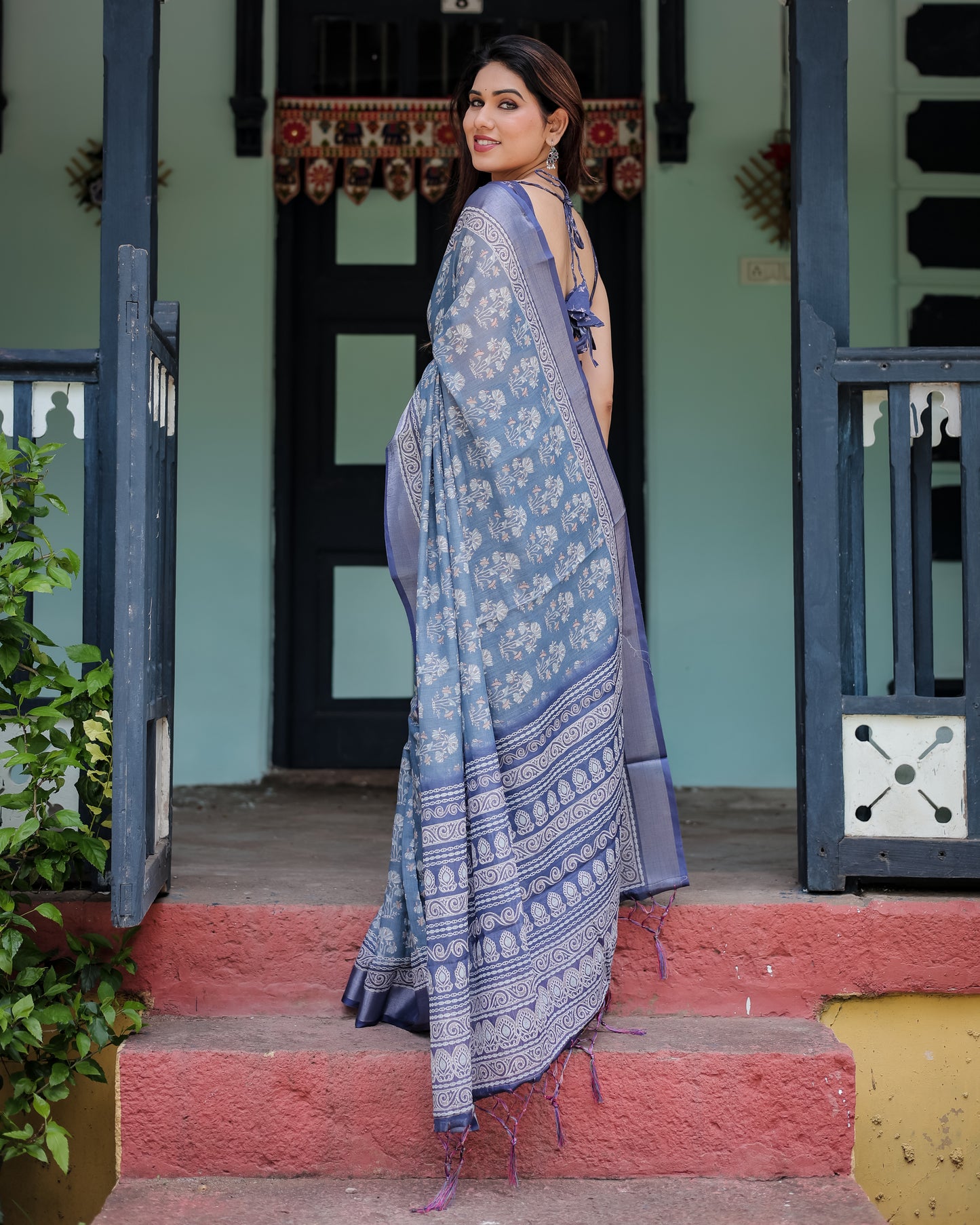 Elegant Blue Linen Cotton Printed Saree with Designer Border