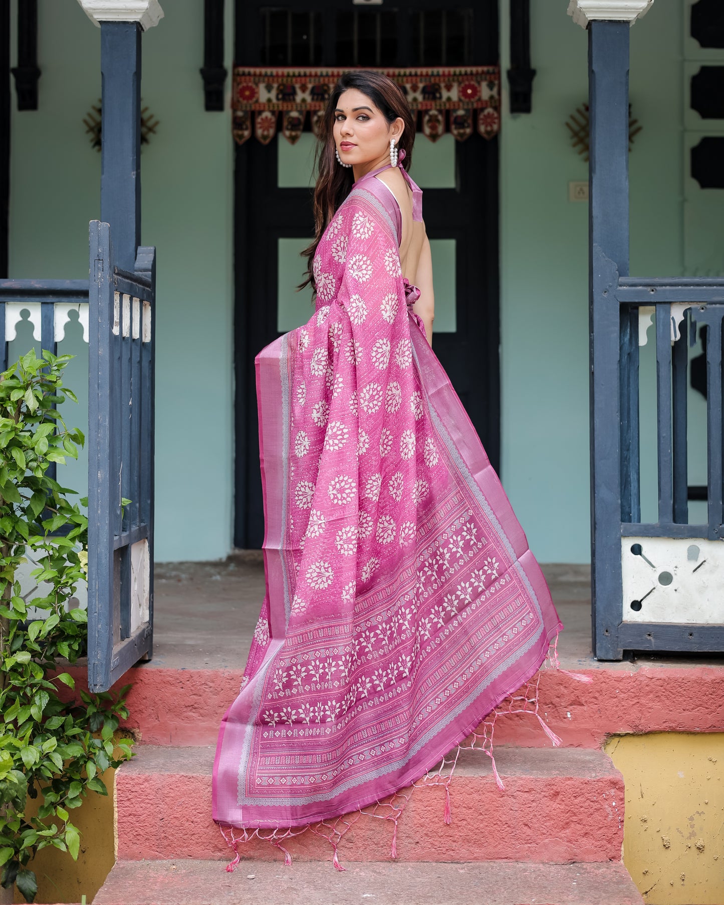 Vibrant Pink Floral Block Print Linen Cotton Saree