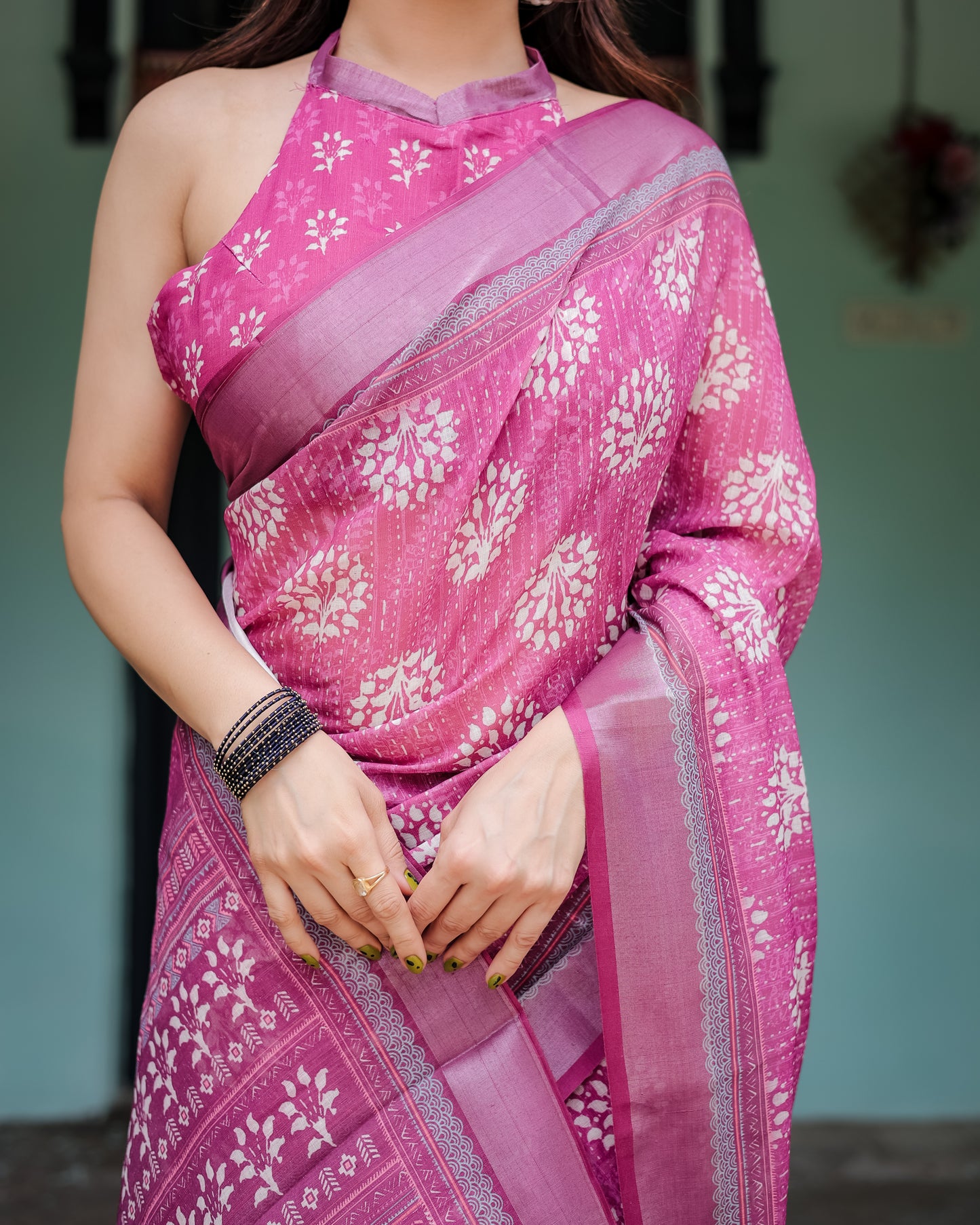 Vibrant Pink Floral Block Print Linen Cotton Saree