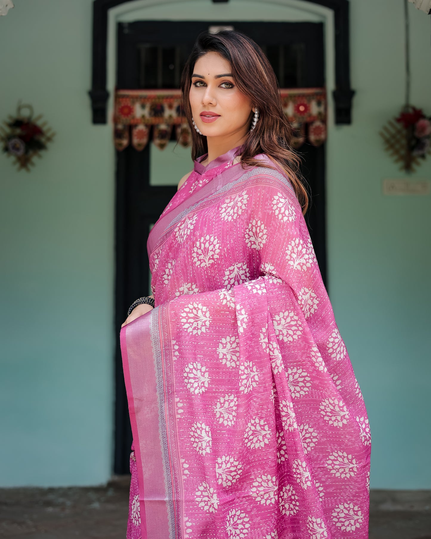 Vibrant Pink Floral Block Print Linen Cotton Saree