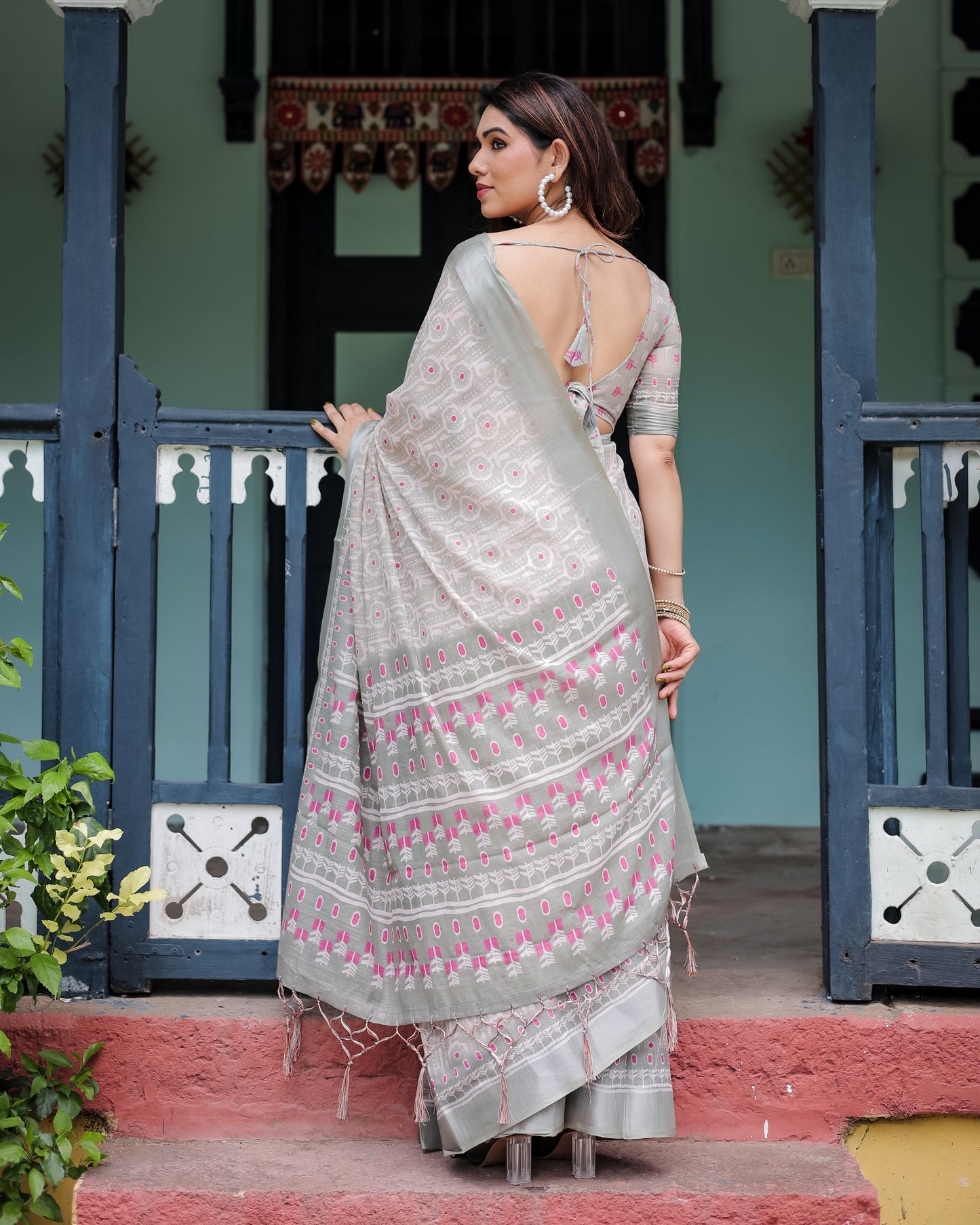 Classic Ikat Linen Cotton Saree with Pink Accents