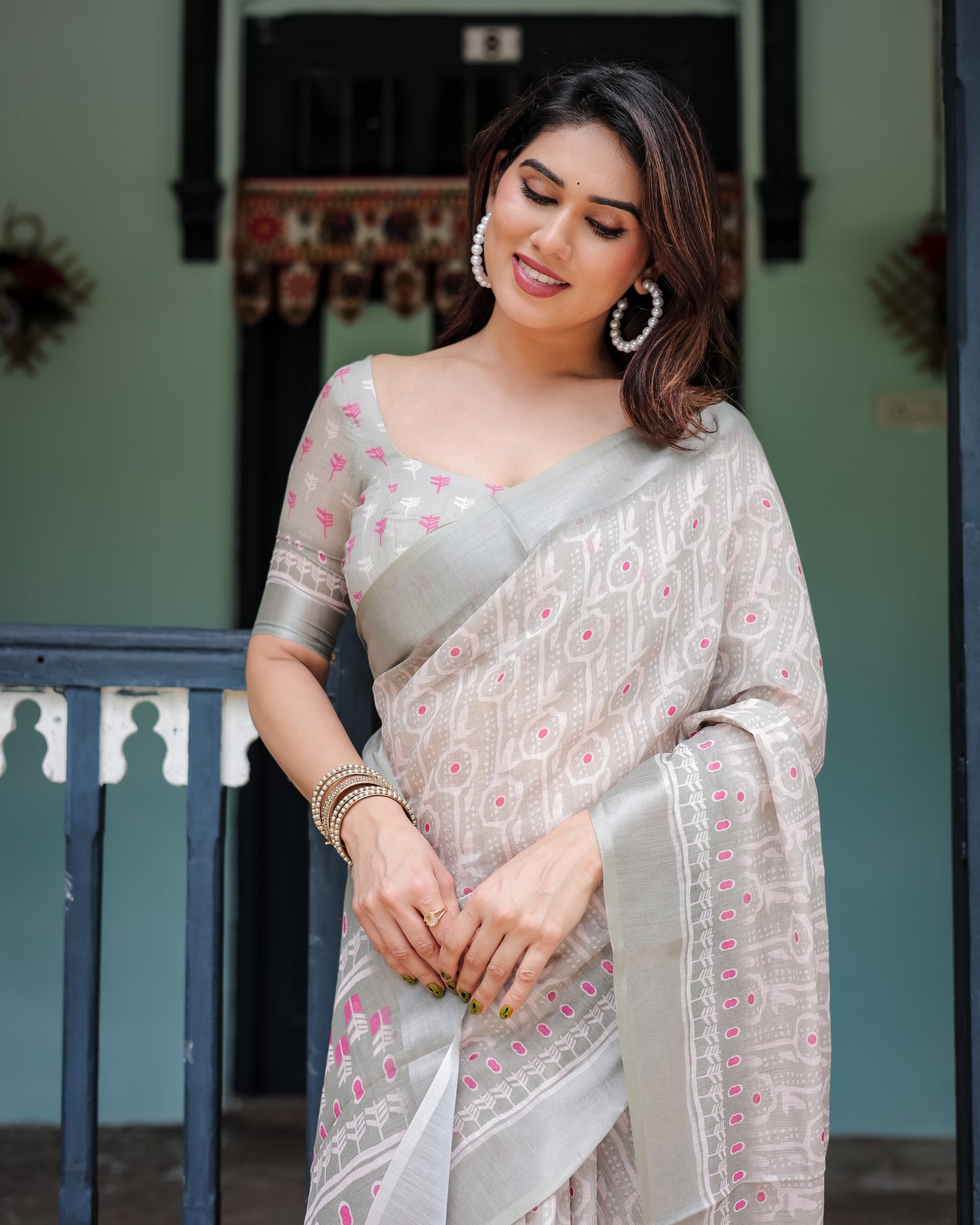 Classic Ikat Linen Cotton Saree with Pink Accents