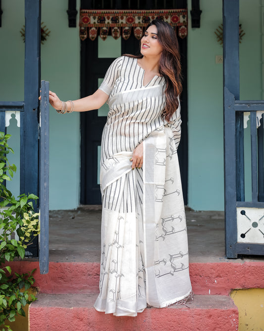 Elegant White Stripe Printed Linen Cotton Saree