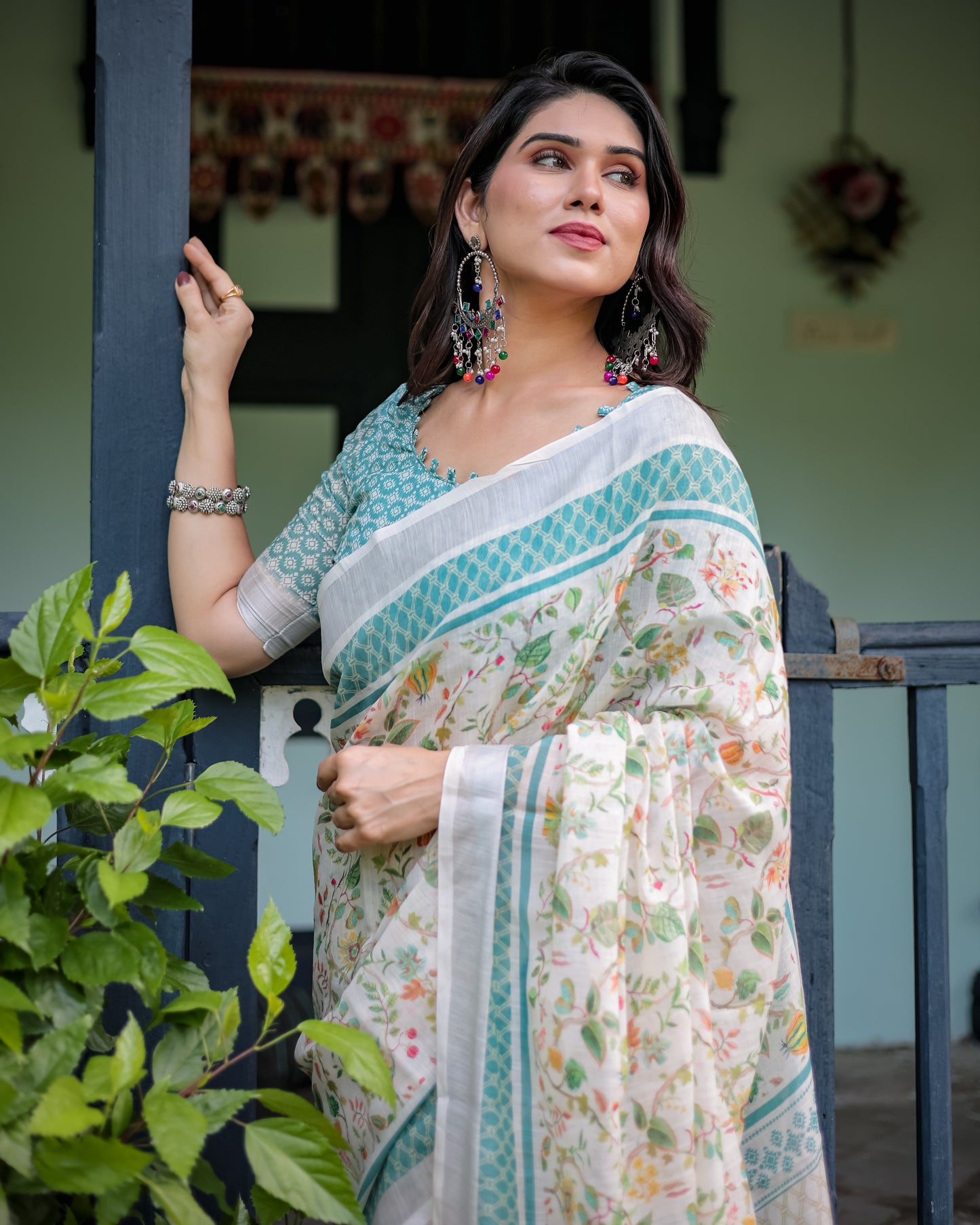 Ivory Green Floral Linen Cotton Saree