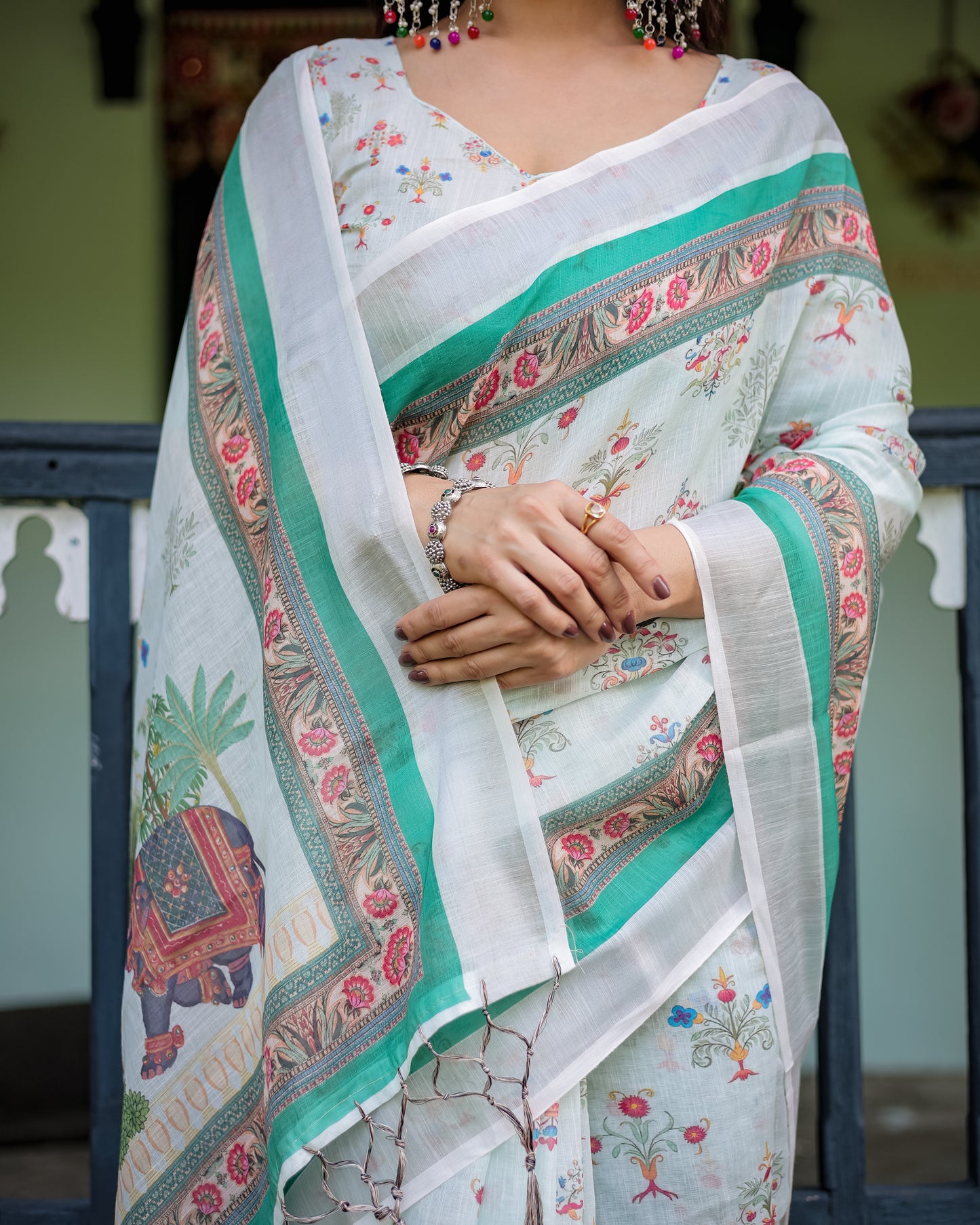 Ivory Mint Floral Linen Cotton Saree