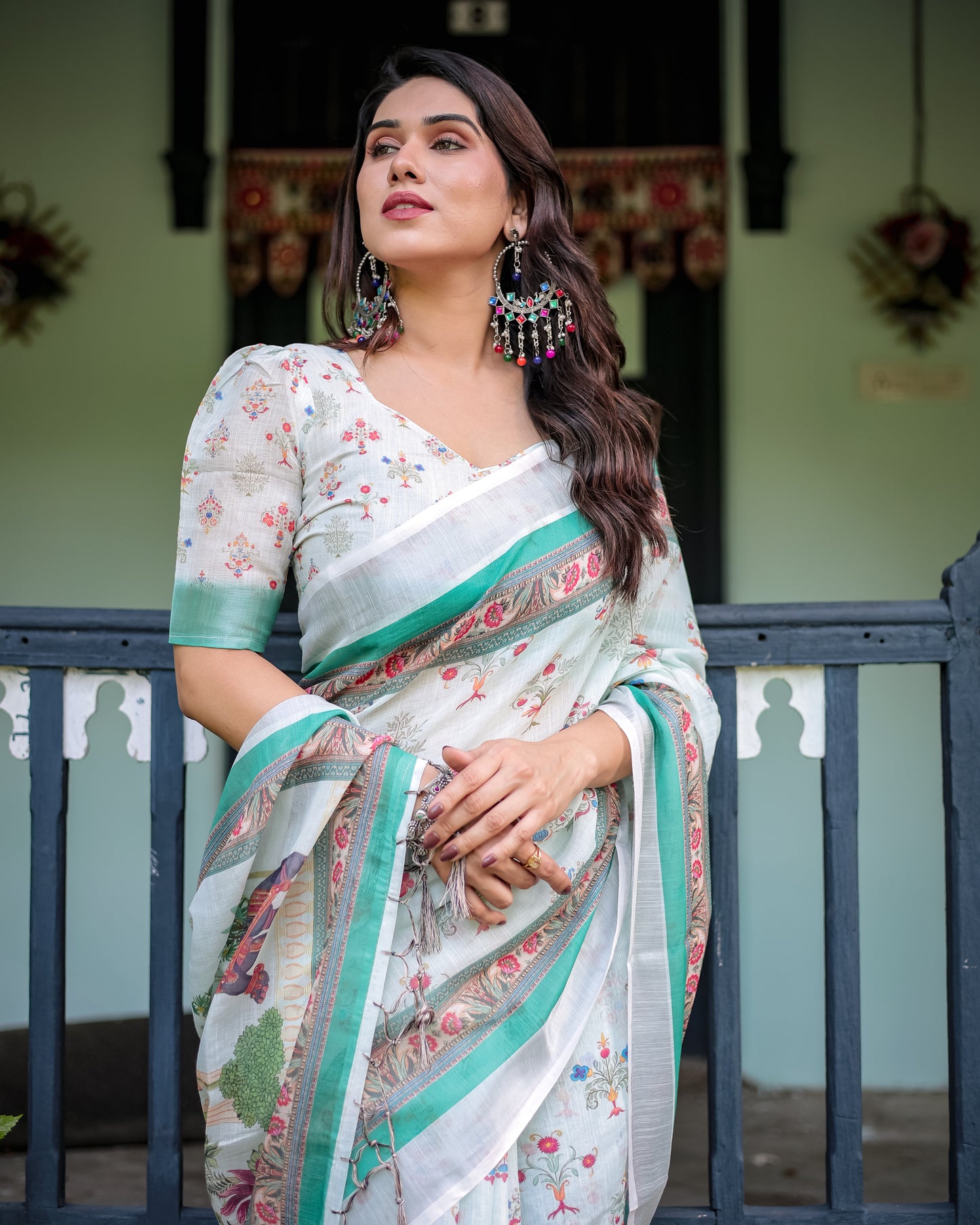 Ivory Mint Floral Linen Cotton Saree