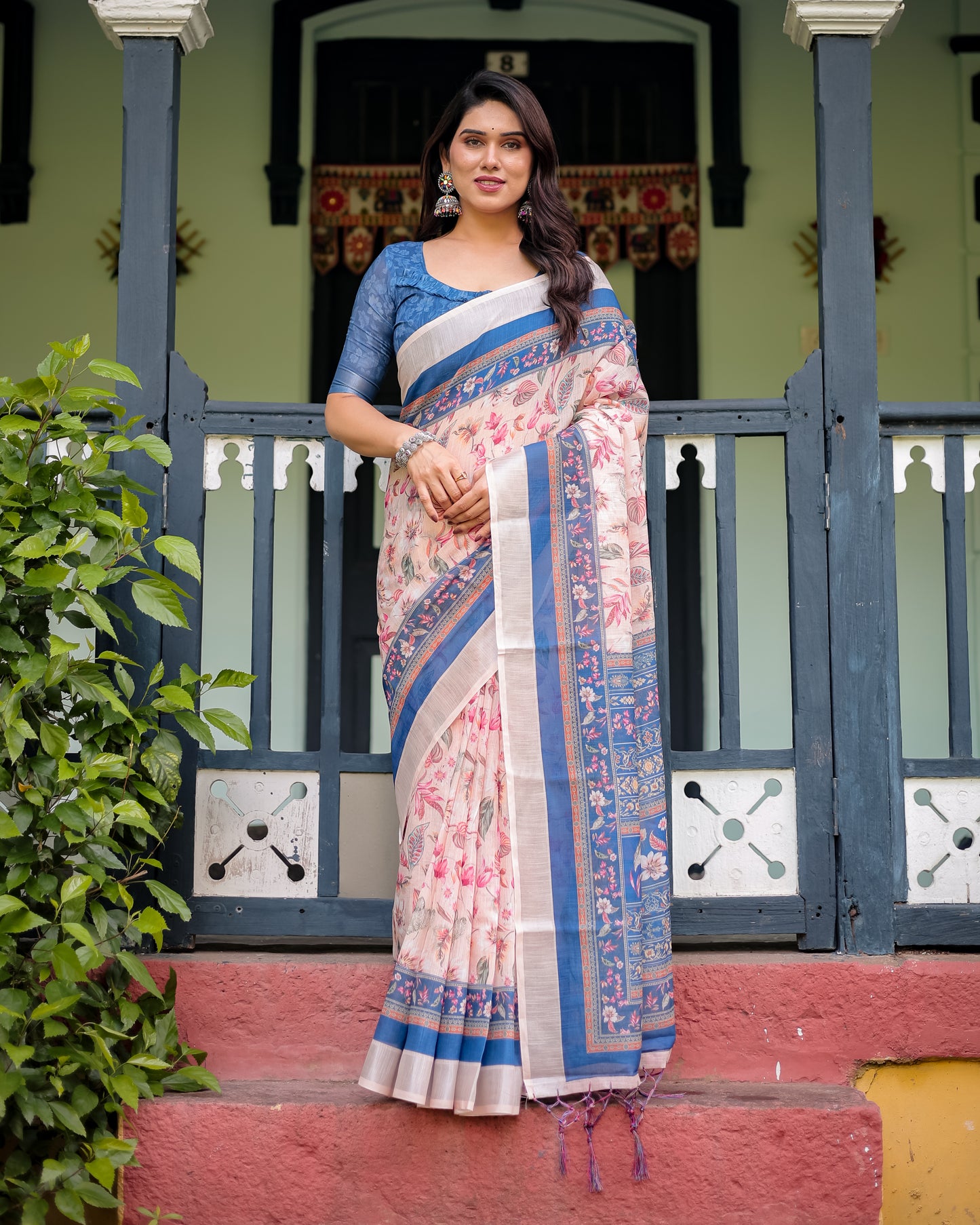 Peach Blue Floral Linen Cotton Saree