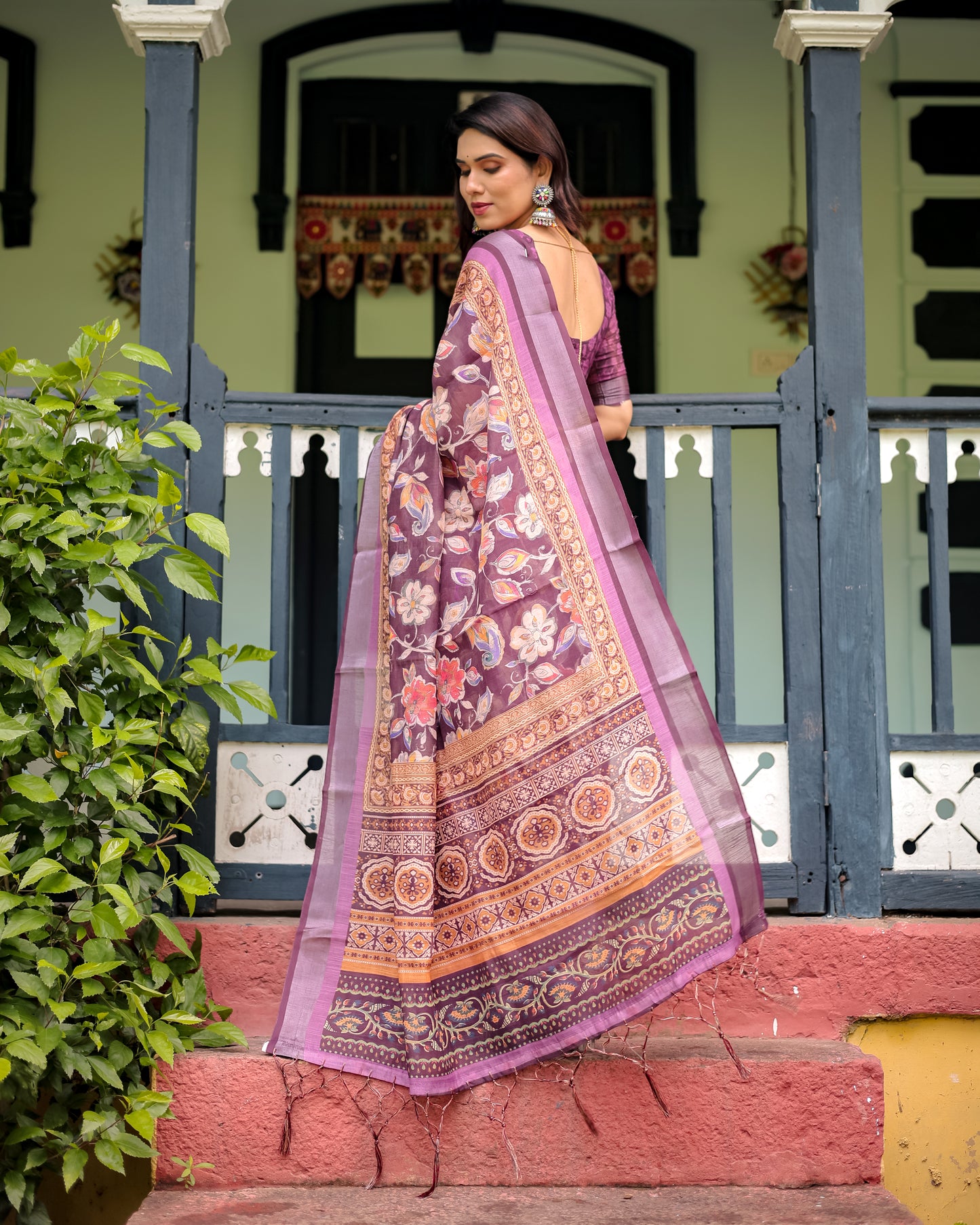 Wine Purple Floral Linen Cotton Saree