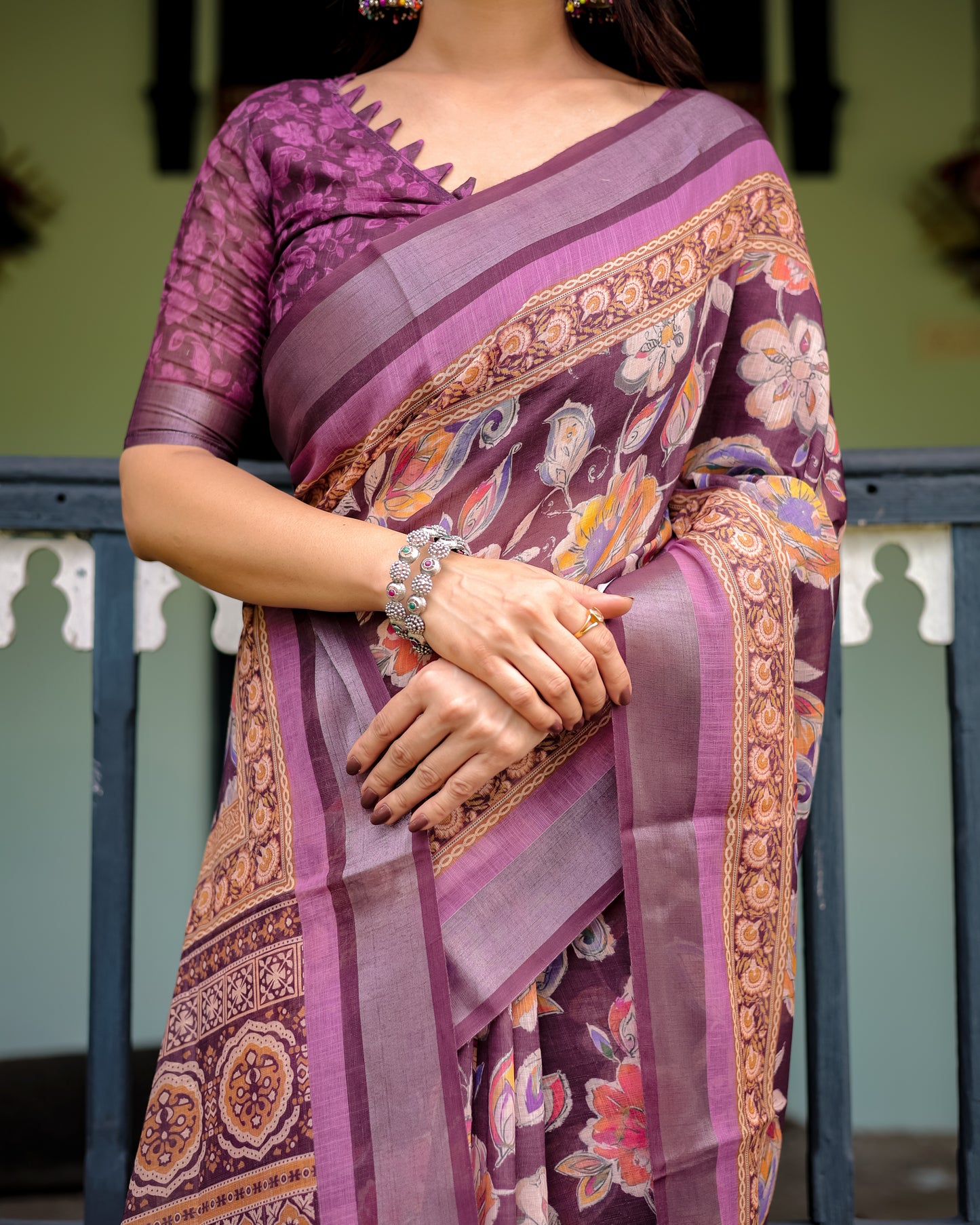 Wine Purple Floral Linen Cotton Saree