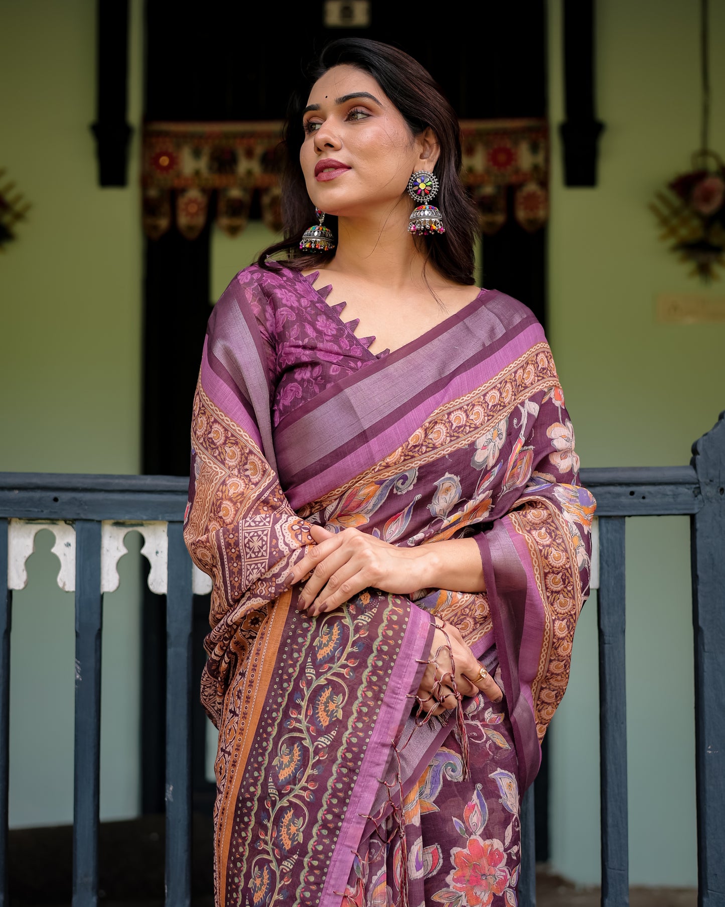 Wine Purple Floral Linen Cotton Saree