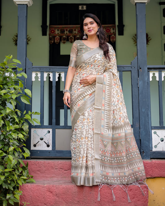 Elegant Off-White Linen Cotton Saree with Earthy Leafy Prints & Zari Border