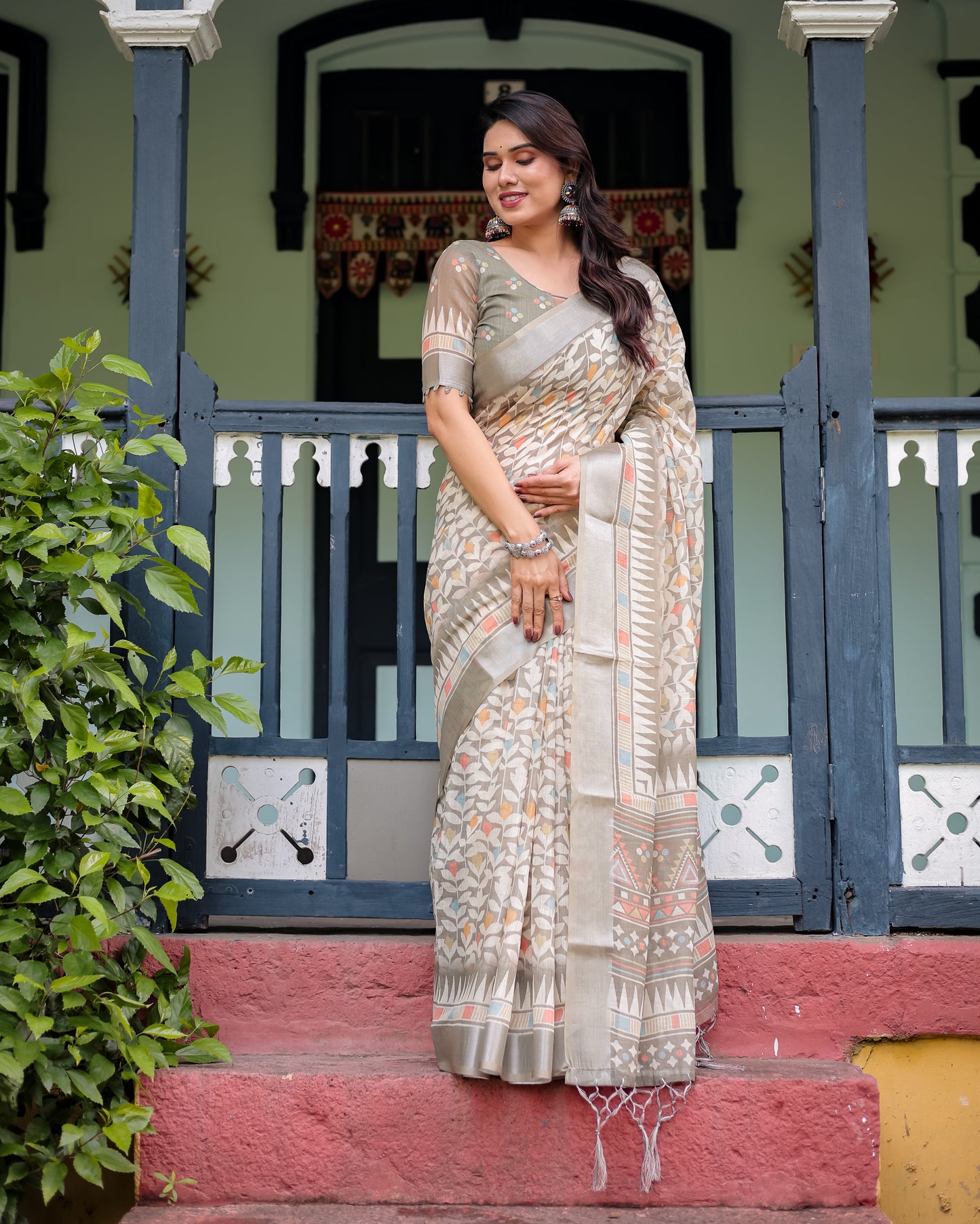 Elegant Off-White Linen Cotton Saree with Earthy Leafy Prints & Zari Border
