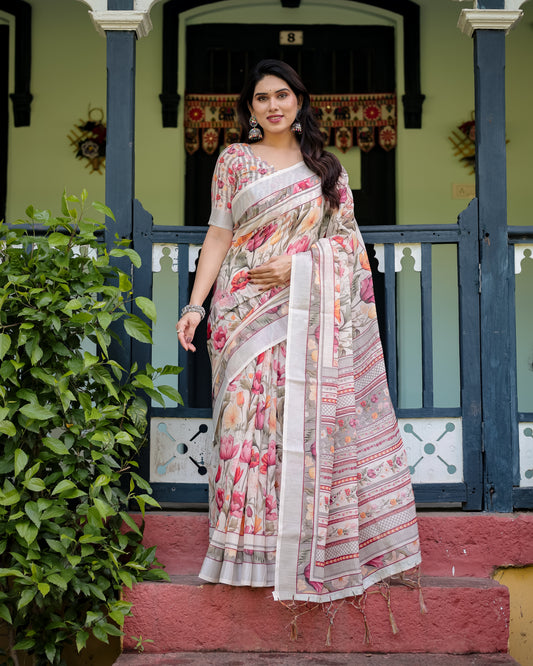 Graceful Off-White Linen Cotton Saree with Pink Floral Print & Zari Border