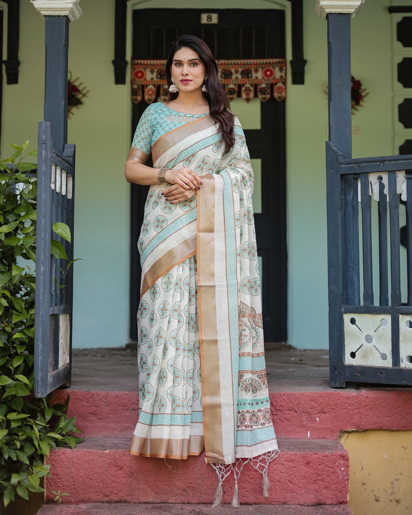 Chic Off-White & Turquoise Linen Cotton Saree with Geometric Motifs