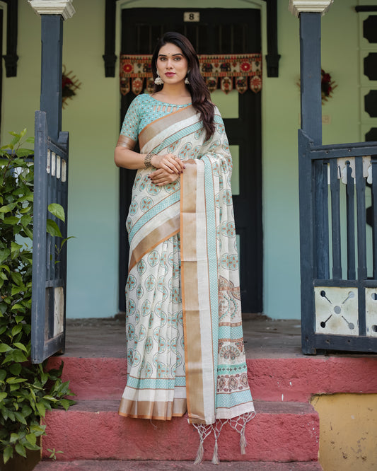 Chic Off-White & Turquoise Linen Cotton Saree with Geometric Motifs