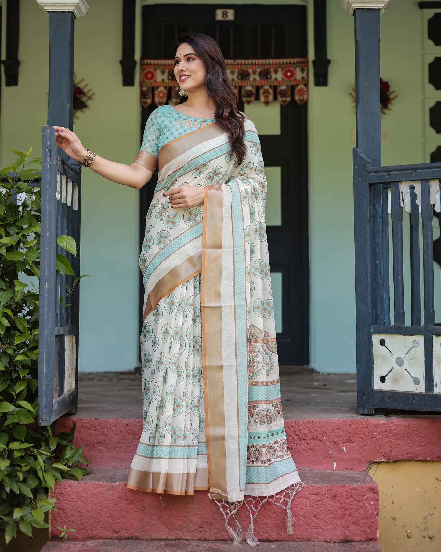 Chic Off-White & Turquoise Linen Cotton Saree with Geometric Motifs