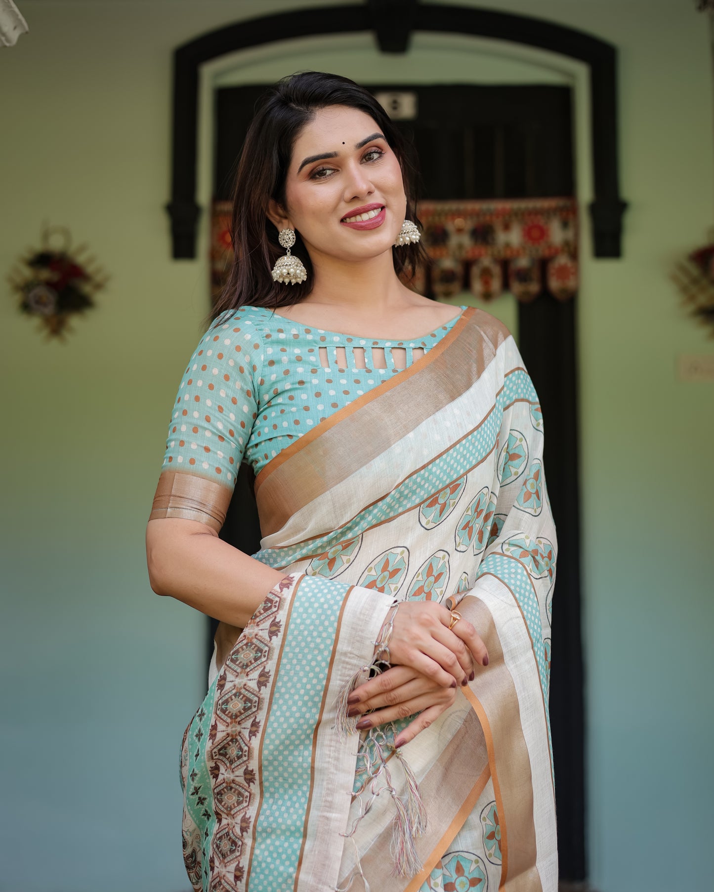 Chic Off-White & Turquoise Linen Cotton Saree with Geometric Motifs