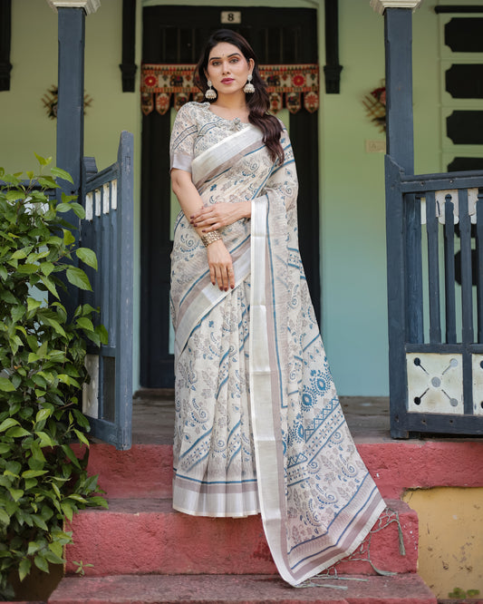 Sophisticated Off-White & Blue Linen Cotton Saree with Paisley Floral Print