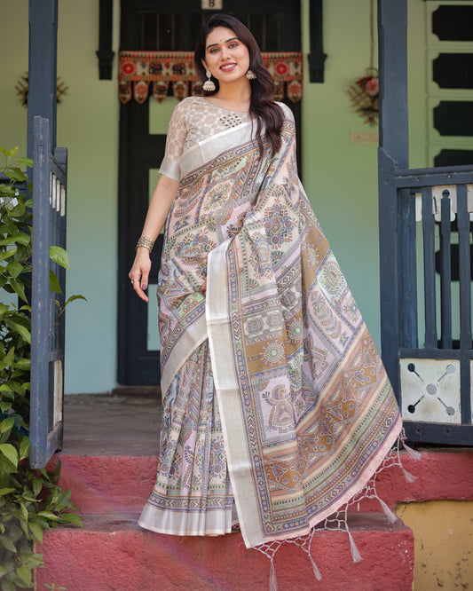 Artistic Off-White Linen Cotton Saree with Pastel Tribal Geometric Print