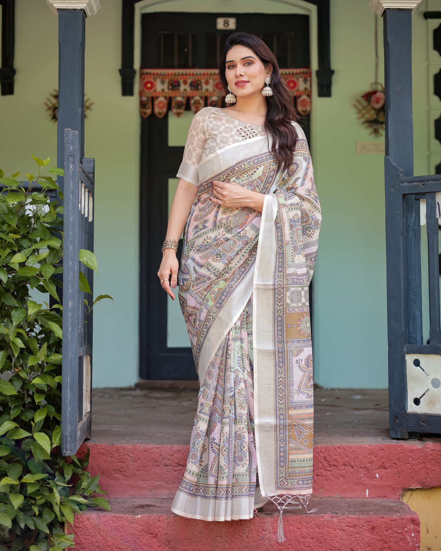 Artistic Off-White Linen Cotton Saree with Pastel Tribal Geometric Print