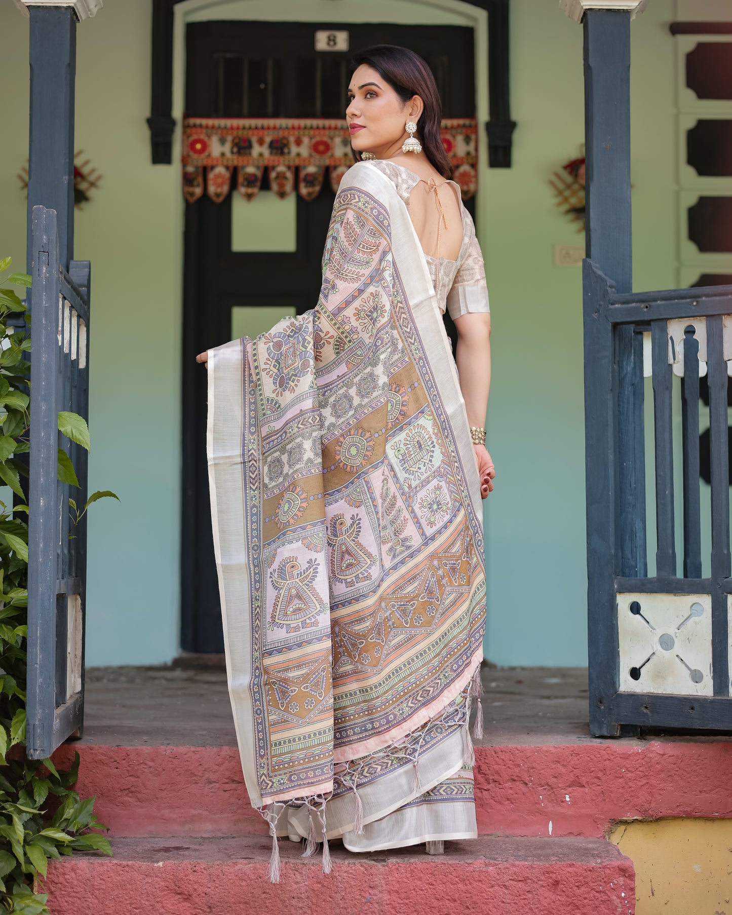 Artistic Off-White Linen Cotton Saree with Pastel Tribal Geometric Print