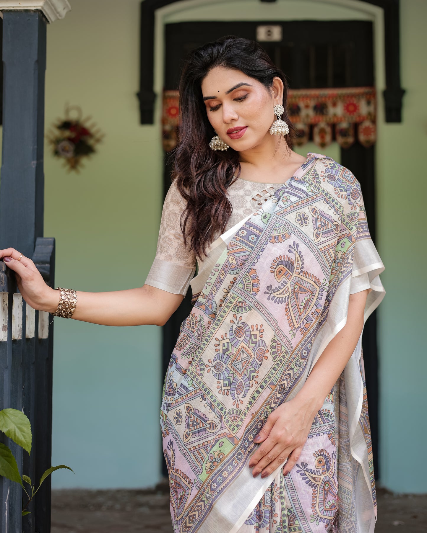 Artistic Off-White Linen Cotton Saree with Pastel Tribal Geometric Print