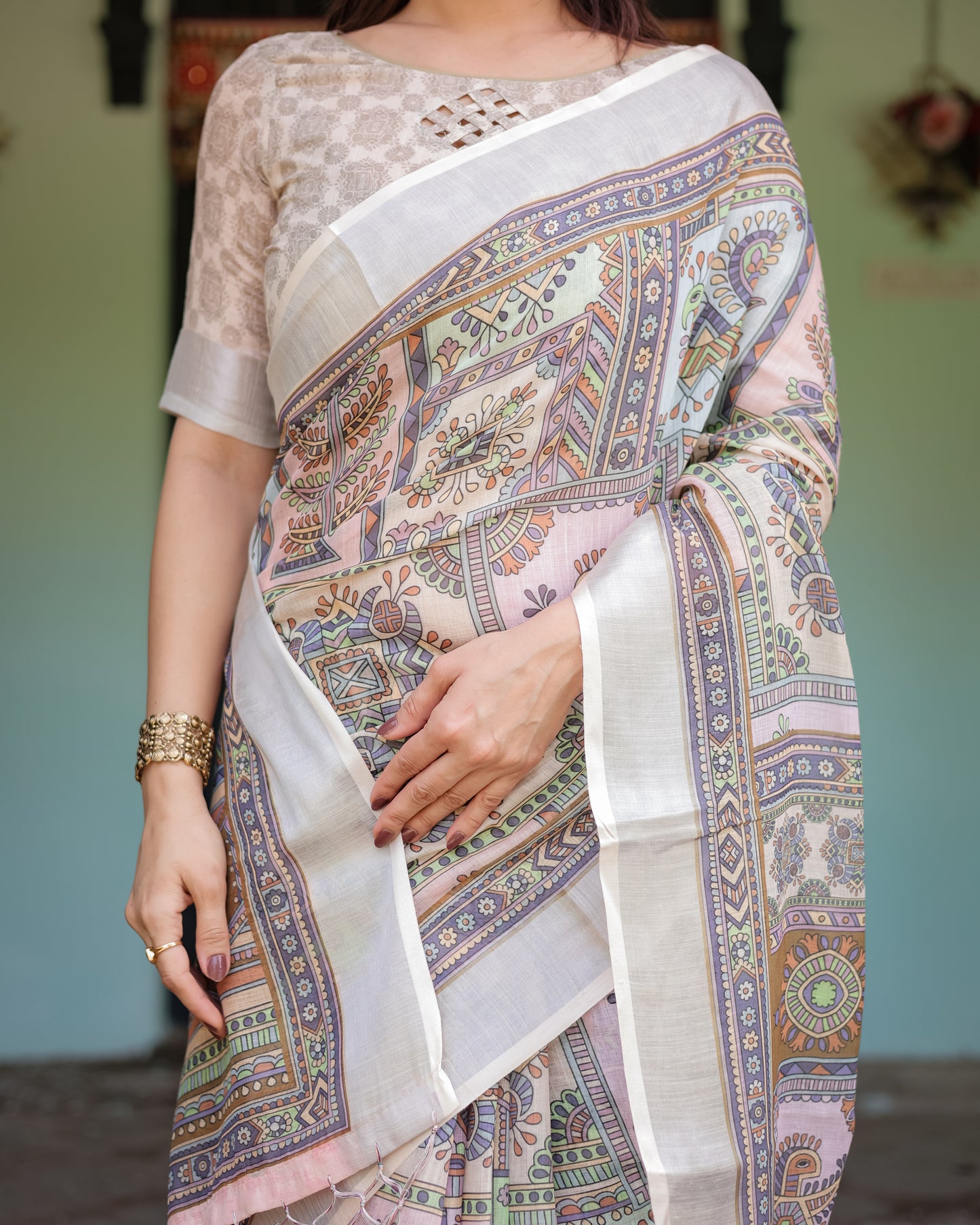 Artistic Off-White Linen Cotton Saree with Pastel Tribal Geometric Print