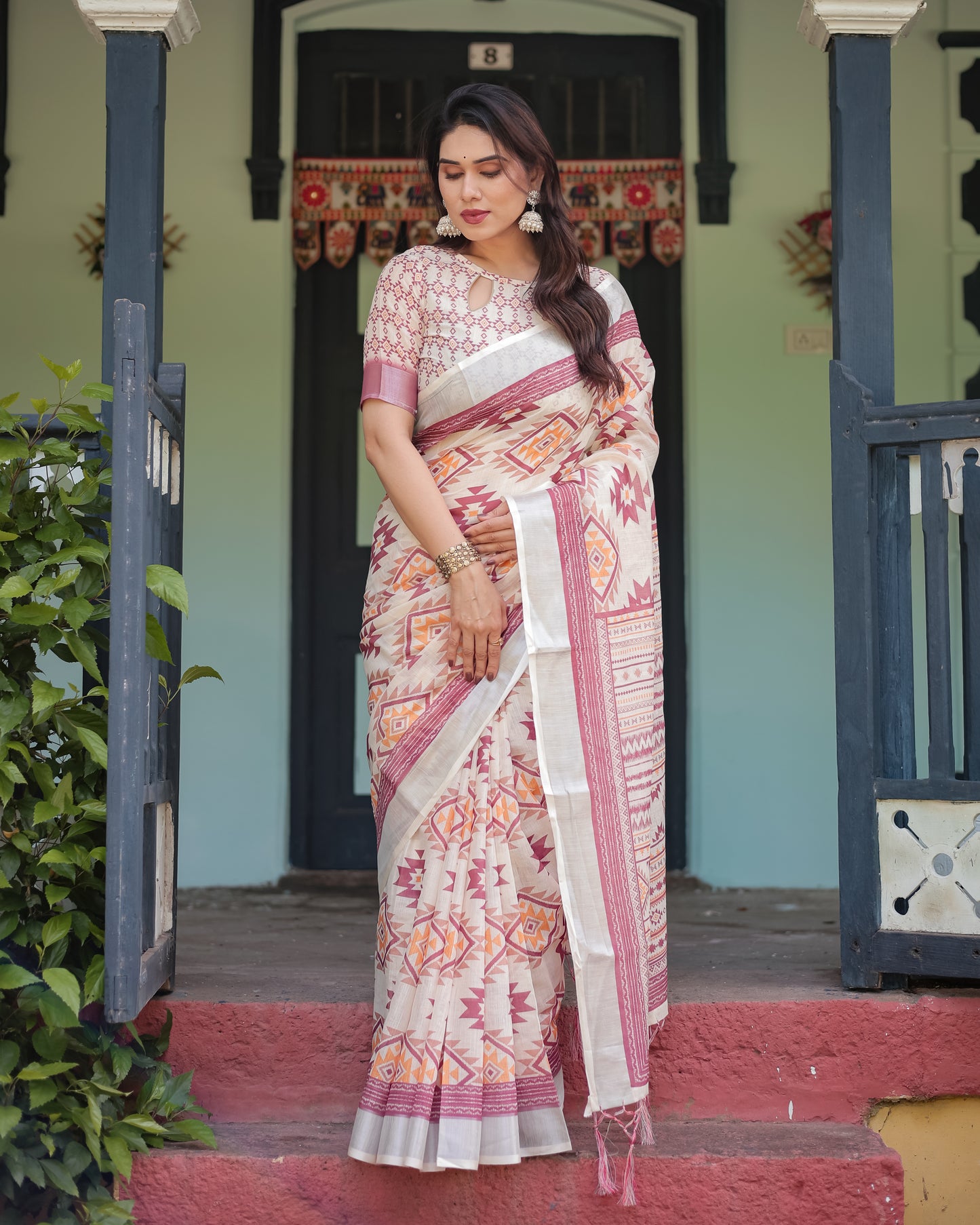 Trendy Off-White Linen Cotton Saree with Maroon Ikat Geometric Print