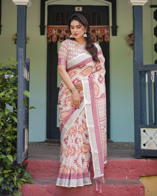 Trendy Off-White Linen Cotton Saree with Maroon Ikat Geometric Print