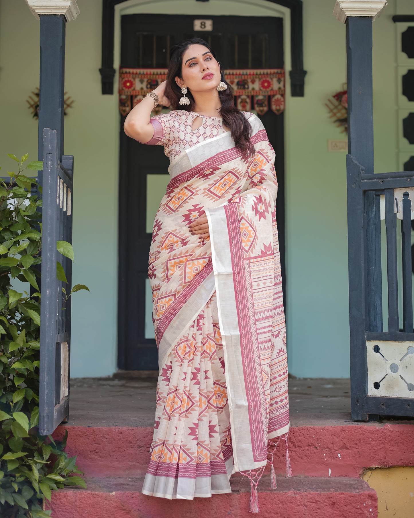 Trendy Off-White Linen Cotton Saree with Maroon Ikat Geometric Print