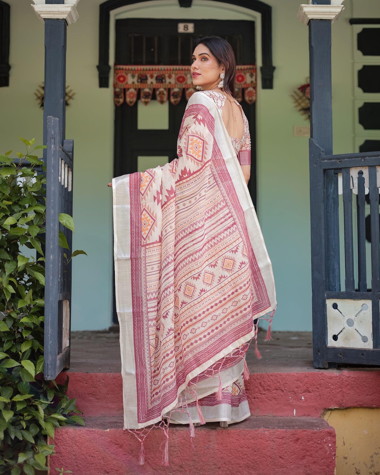 Trendy Off-White Linen Cotton Saree with Maroon Ikat Geometric Print