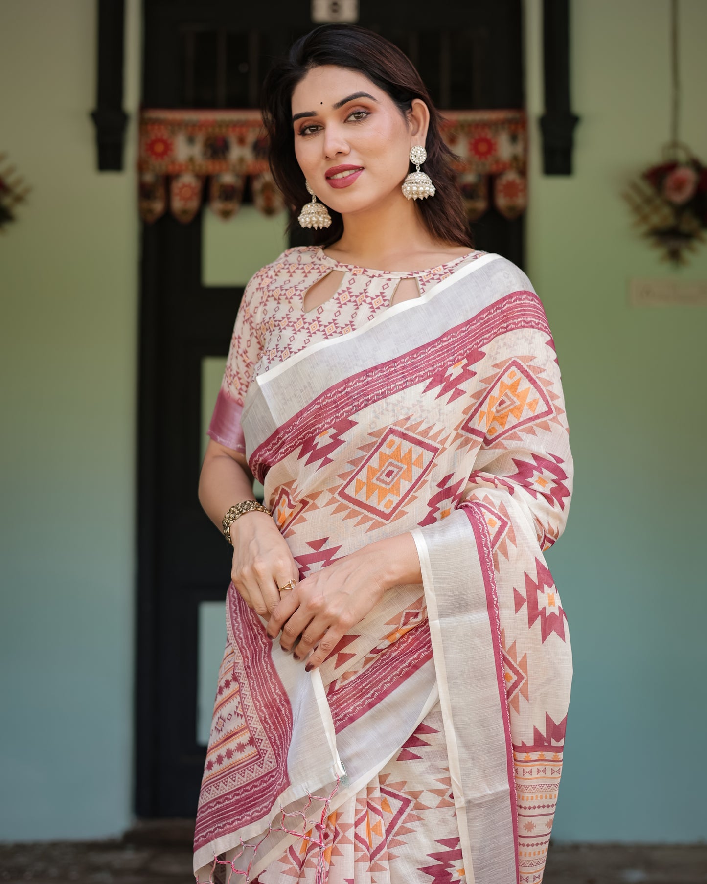 Trendy Off-White Linen Cotton Saree with Maroon Ikat Geometric Print