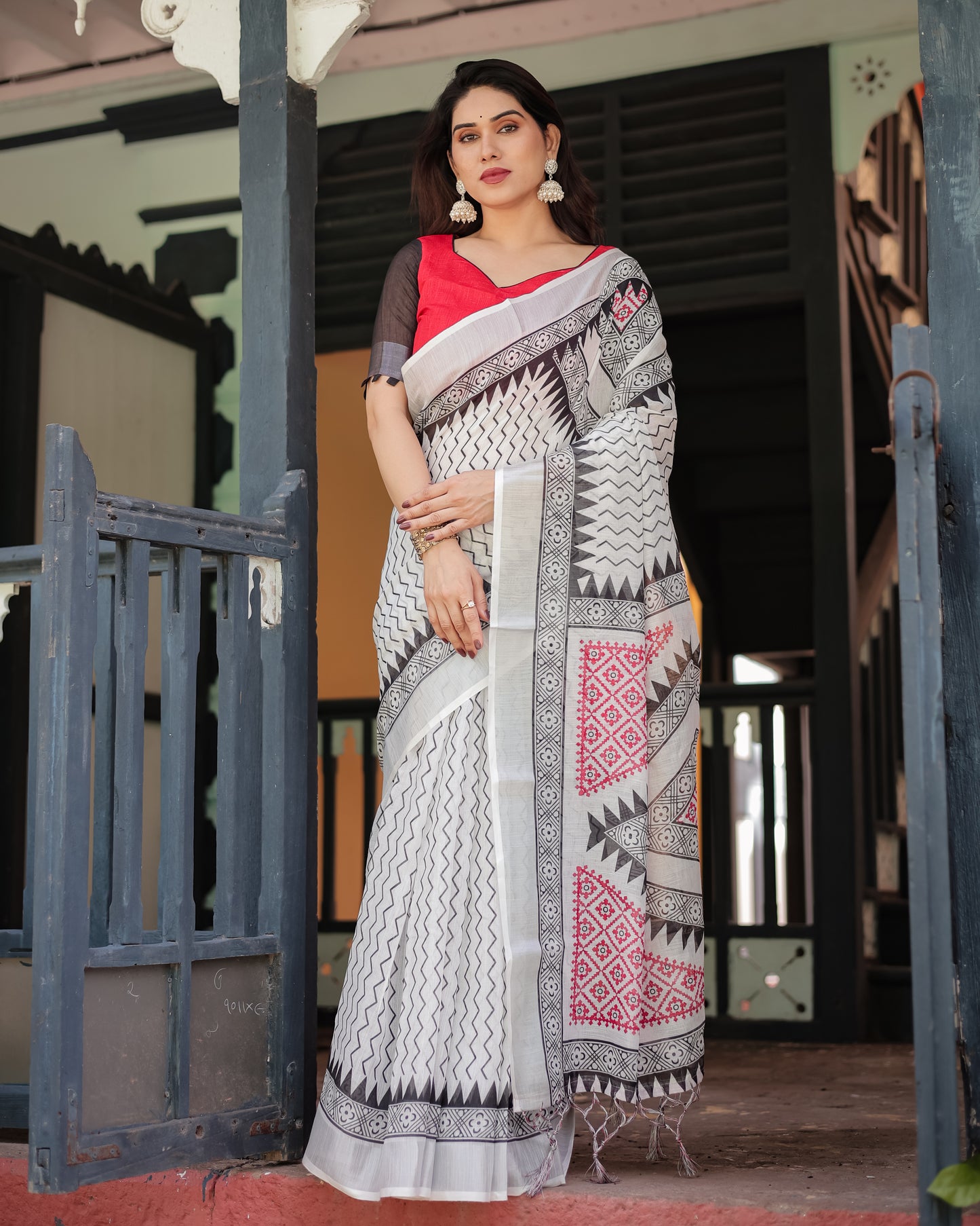 Modern Off-White Linen Cotton Saree with Black Zigzag & Red Geometric Print