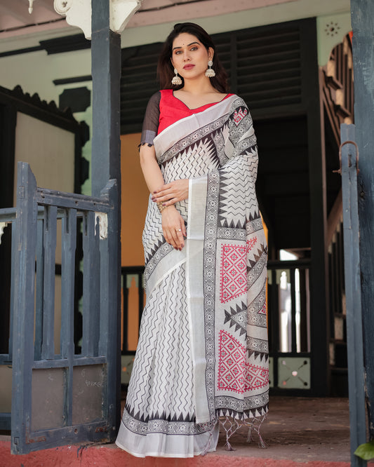 Modern Off-White Linen Cotton Saree with Black Zigzag & Red Geometric Print