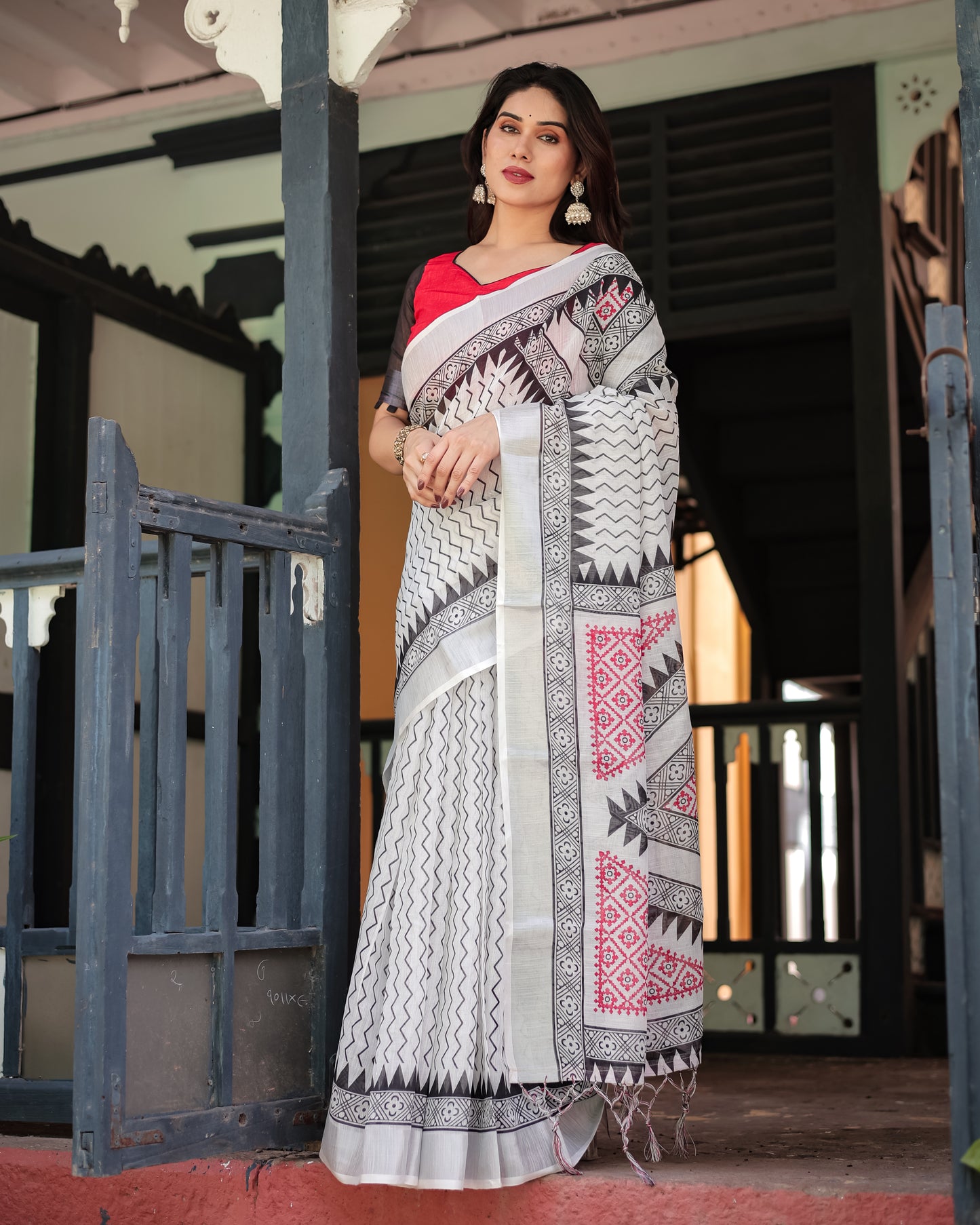 Modern Off-White Linen Cotton Saree with Black Zigzag & Red Geometric Print