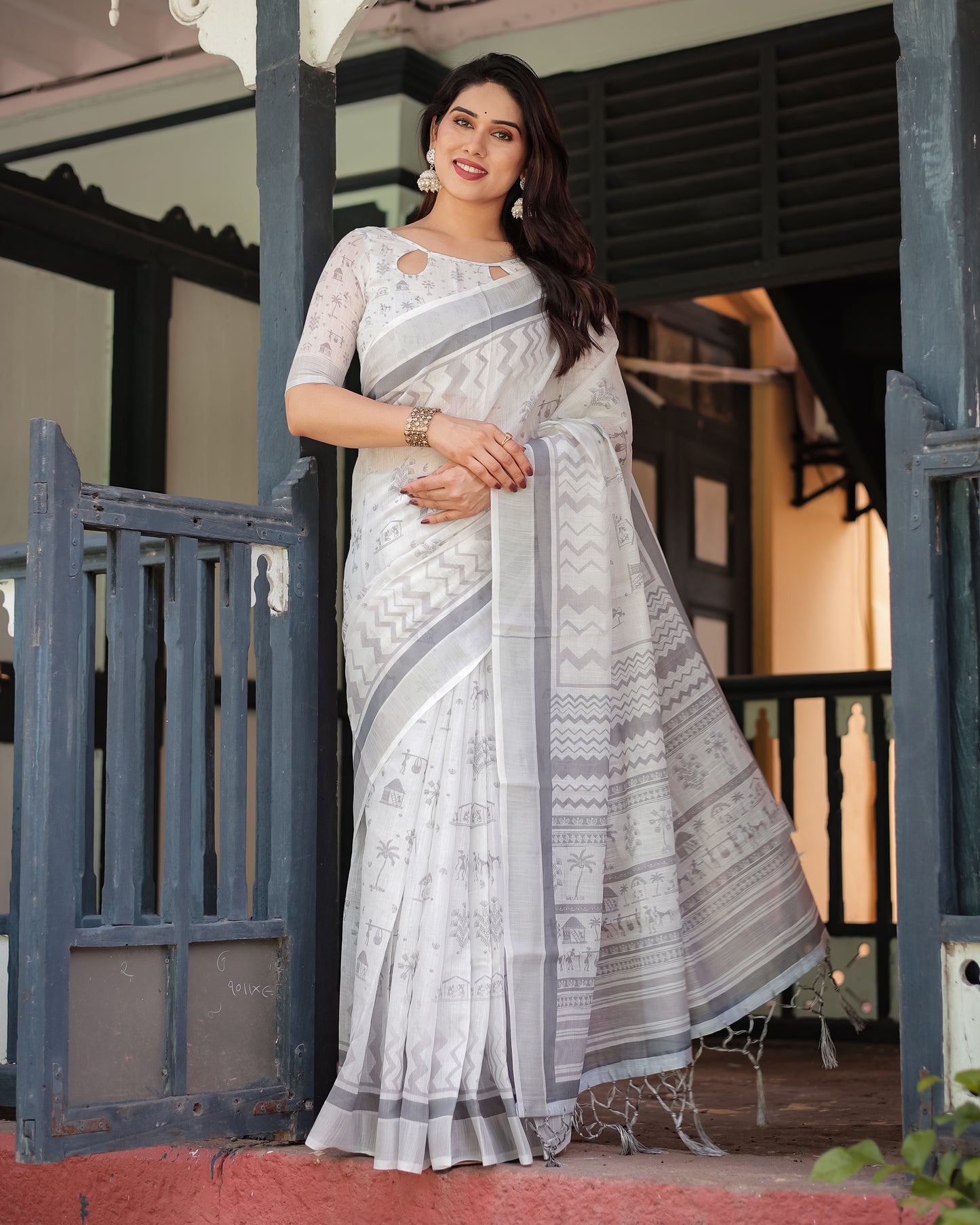Sophisticated White & Grey Linen Cotton Saree with Warli Tribal Print